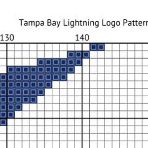 Puede incluir: Una sección de un patrón de punto de cruz con el logotipo de los Tampa Bay Lightning en azul oscuro. El patrón está en una cuadrícula con los números 130, 140 y 150 visibles. El texto "Tampa Bay Lightning Logo Pattern" está en la parte superior.