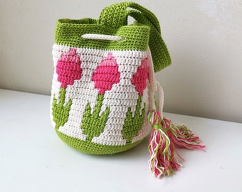 Flower mosaic bag crochet pattern - tulip pouch bag made with overlay mosaic technique - drawstring bag with tassels