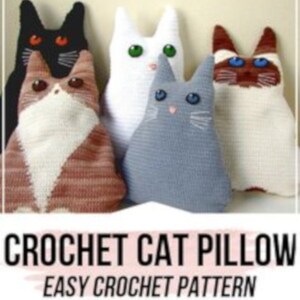 May include: Five crocheted cat pillows in different colors and patterns. The pillows are all in the shape of a cat and have embroidered eyes and whiskers. The pillows are a great addition to any home decor.