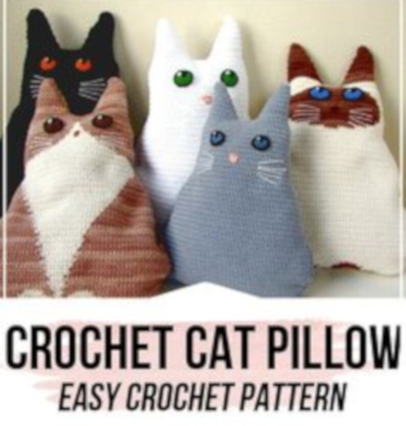 May include: Five crocheted cat pillows in different colors and patterns. The pillows are all in the shape of a cat and have embroidered eyes and whiskers. The pillows are a great addition to any home decor.