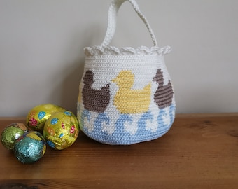 Crochet pattern Easter basket, Tapestry crochet pattern, mini basket ducks pattern, tutorial PDF Instant download, animal waves ducks basket