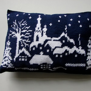 Oreiller au crochet, pays des merveilles de l'hiver | Jeté de tapisserie paysage enneigé Noël | Noël, tutoriel de conception de décoration de neige PDF Téléchargement instantané