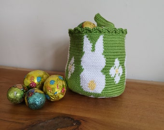 Crochet Easter Basket Pattern, Tapestry Bunny Flower Design (PDF Pattern)