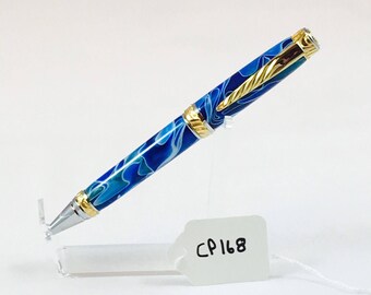 Bolígrafo estilo cigarro giratorio ultra dorado hecho a mano, revestido en acrílico azul CP168