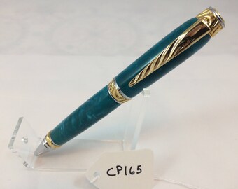 Bolígrafo giratorio artesanal estilo Ultra Cigar, dorado y cromado, revestido en acrílico azul y blanco - Artículo CP165