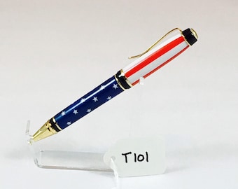 Bolígrafo giratorio estilo cigarro T101, hecho a mano en cromo con acrílico rojo, blanco y azul.