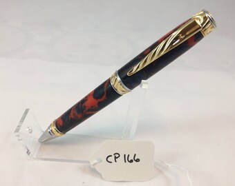 Bolígrafo giratorio artesanal estilo Ultra Cigar, dorado y cromado, revestido con acrílico azul y naranja en espiral - Artículo CP166