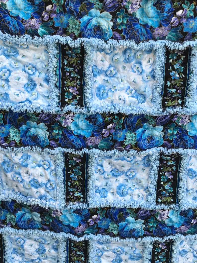 Light Blue Floral and Dark Blue Floral Handmade Window Pane Style Rag Quilt 64x84 Bedding Twin Size Throw