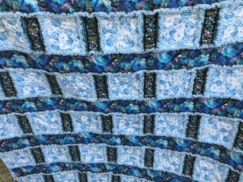 Light Blue Floral and Dark Blue Floral Handmade Window Pane Style Rag Quilt 64x84 Bedding Twin Size Throw