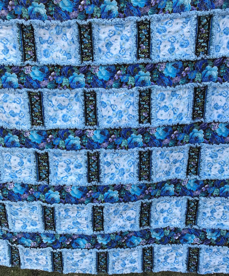Light Blue Floral and Dark Blue Floral Handmade Window Pane Style Rag Quilt 64x84 Bedding Twin Size Throw