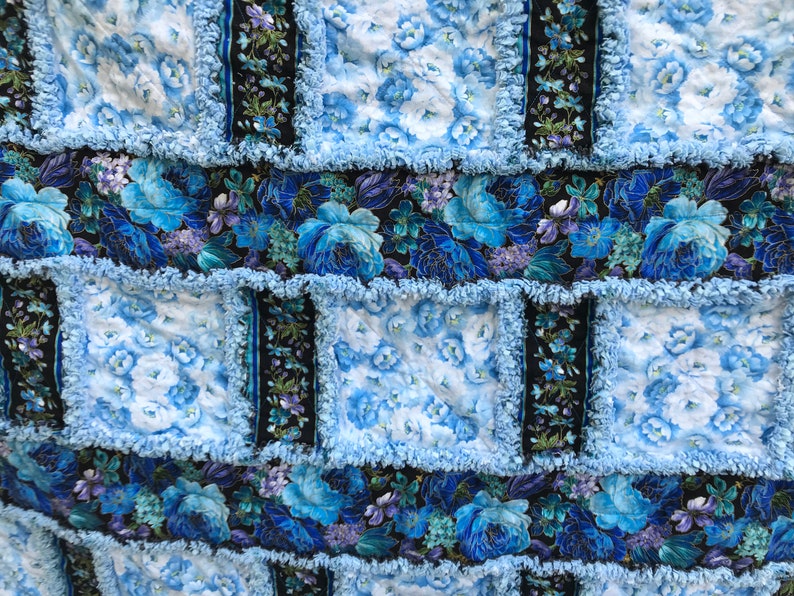 Light Blue Floral and Dark Blue Floral Handmade Window Pane Style Rag Quilt 64x84 Bedding Twin Size Throw