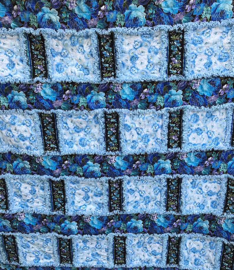 Light Blue Floral and Dark Blue Floral Handmade Window Pane Style Rag Quilt 64x84 Bedding Twin Size Throw
