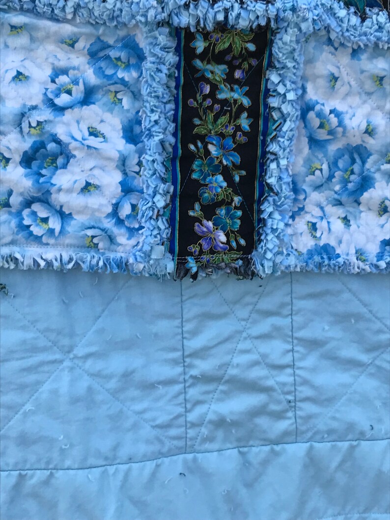 Light Blue Floral and Dark Blue Floral Handmade Window Pane Style Rag Quilt 64x84 Bedding Twin Size Throw