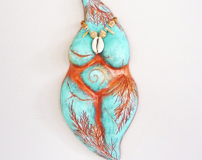 Earth Mother Goddess clay wall sculpture + Turquoise Dreams + Shakti Divine Feminine art