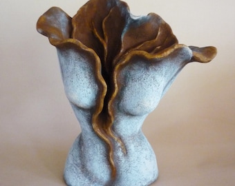 Opening Her Sacred Heart Woman ~ figurative fine art sculpture, stoneware clay, mixed media, Sacred Divine Feminine