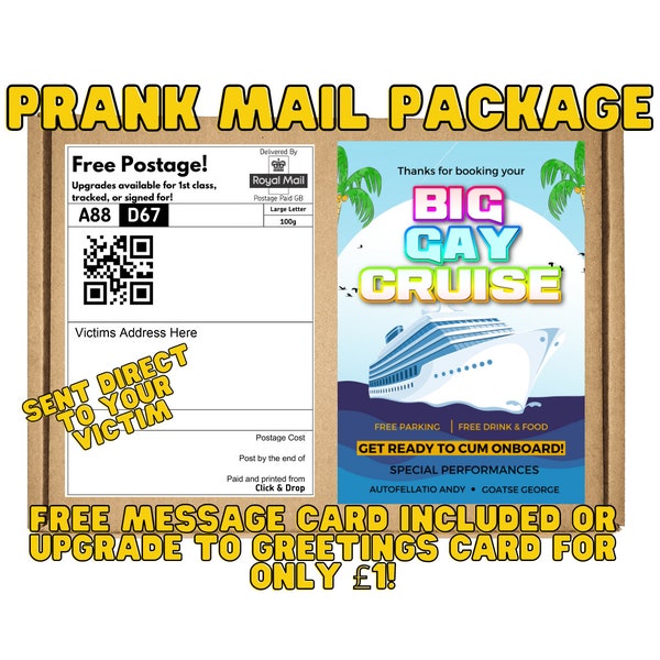 Prank Mail - BIG GAY CRUISE.  Gag gift/funny inappropriate prank gifts. Send 100% anonymously to friends, family, or victims.