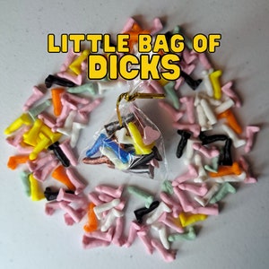 Bag of Dicks.  17mm tall tiny dicks, perfect to hide around a friends house or give as a gag gift. 20 per bag. Stocking filler. P&P Included