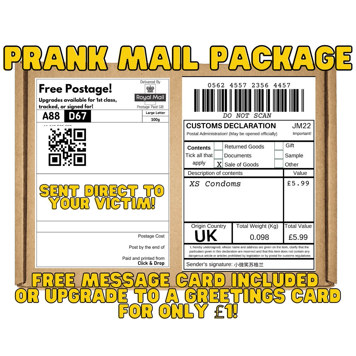 Mail Prank Fake Customs Label XS Condoms Gag Gift/ Funny ...