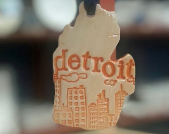 Ornament, Michigan Hand Stamped Ornament, Detroit City stamp, Detroit Gift Tag, Wine Tag