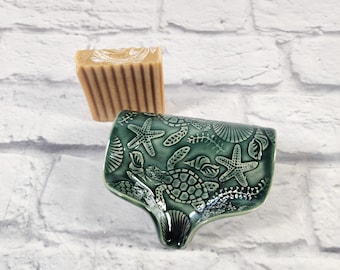 Ceramic Soap Dish, Dark Green, Sea Turtle, Shells, Starfish Texture, Self Draining, Soap Saver, In Stock, Ready to Ship! BR5-2