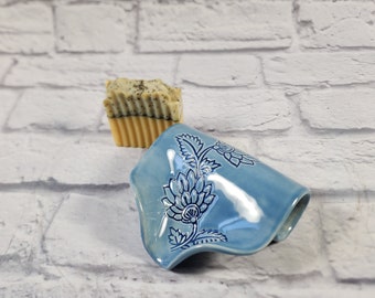 Ceramic Soap Dish, Sky Blue, Lotus Flower Texture, Self Draining, Soap Saver, In Stock, Ready to Ship!  BR5-1