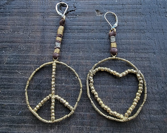 Featured listing image: Love and Peace Earrings-Boho Earrings-Brown Jewelry-Dangling Earrings-Large Earrings-Leather Earrings-Heart Jewelry-Beaded Earrings-Gold