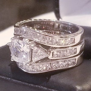 4 ct Princess Cut Engagement Ring Double Band Wedding Ring Set Diamond Simulated 925 Sterling Silver Women&#39;s Bridal Set Half Eternity Band