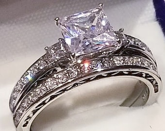 Clearance Sale 2 Ct Princess cut Solitaire Engagement ring half Eternity Band Wedding ring set cz Stainless Steel Minimalist Vintage Style
