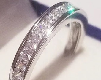 Princess Half eternity Band minimalist bridal Wedding ring,man made Diamond simulants, 925 sterling silver,Princess channel set,wedding ring