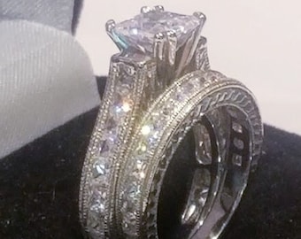 Princess Wedding set,Princess Engagement Ring,Antique Style rings,Diamonds Simulated, 925 Sterling silver,Bridal wedding set,Travel jewelry