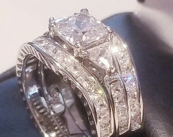 4.00 Ct Double band wedding ring Princess cut channel setting Engagement Ring 14k White Gold finish simulated Diamond Bridal Ring set