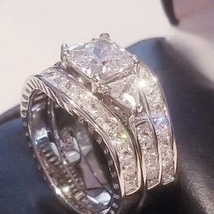 4 ct Princess Cut Wedding Ring Set Engagement Ring Wedding Band Diamond Simulated 925 Sterling Silver Women's Bridal Set Half Eternity Ring
