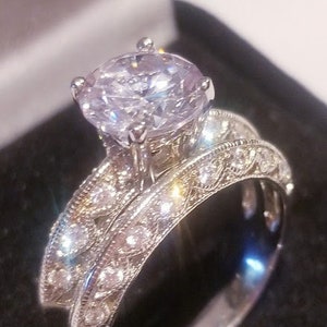 3.50 Ct Round Engagement Ring, Bridal Wedding set,  Antique Style setting, Sterling Silver, Diamonds simulated, Anniversary Promise ring set
