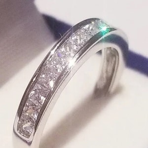 Princess Half eternity Band minimalist bridal Wedding ring,man made Diamond simulants, 925 sterling silver,Princess channel set,wedding ring