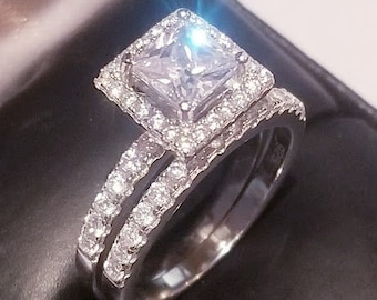 3 Ct Princess cut wedding Engagement Ring set, Womens Wedding Set, White Gold finish, Antique Design, Sterling silver, Diamonds simulated