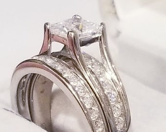 2.50 Ct Princess cut Engagement Ring, Womens Wedding Set, half eternity band, Channel set design, 925 Sterling Silver, Diamonds simulated