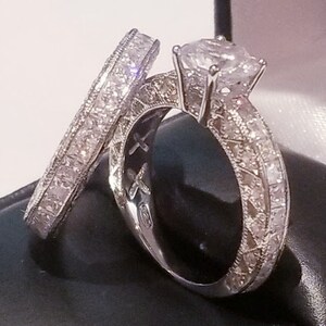 Princess Wedding Set, Round engagement ring,Bridal wedding ring,antique style ring,Diamond simulated,half eternity band, 925 Sterling Silver