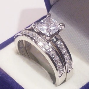 2.00 Ct Princess cut Solitaire Moissanite Diamond Engagement ring Wedding Band set, Half Eternity Band, Solid Sterling, Womens wedding set
