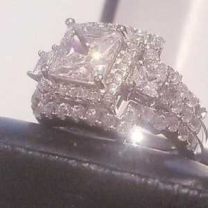 4.50 ct Princess Double Halo Wedding Ring Set Interlocking Wedding Bands Diamond Simulated 925 Solid Sterling Silver Half Eternity Band