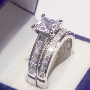 2.50 Ct Princess Wedding Set, Engagement ring wedding band,White or Yellow gold finish,Sterling Silver,simulated Diamonds,Half Eternity Band