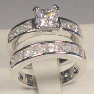 Clearance Sale 3.50 Ct Princess cut Solitaire Engagement ring half Eternity Band Bridal Wedding ring set cz Stainless Steel Travel Jewelry