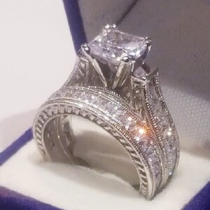 3 Ct Princess cut Engagement Ring wedding set,womens wedding set,Antique Style rings, simulated Diamonds,Sterling Silver,Half Eternity Band