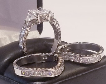 4 ct Princess cut Engagement Ring Double Band Wedding Ring Set Simulated Diamonds Sterling Silver Three stone Half Eternity Stackable rings