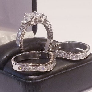 4 ct Princess cut Engagement Ring Double Band Wedding Ring Set Simulated Diamonds Sterling Silver Three stone Half Eternity Stackable rings