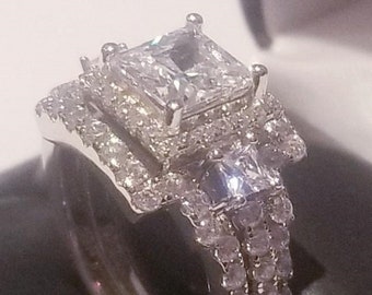 4.00 Ct Princess cut Engagement Ring, Womens Wedding Set, Interlocking Bands, simulated Diamonds, Sterling Silver, Anniversary ring set