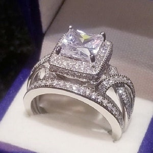 2.50 Ct Princess Halo Infinity Style Engagement Ring wedding Set, Antique Style, Art Deco Design, Solid Sterling silver, simulated Diamonds
