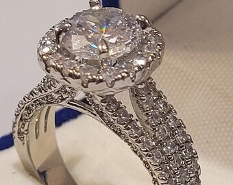 Clearance 3.50 Ct Round cut wide band Halo Solitaire Engagement ring Wedding ring Promise ring Round Accent cz Stones White gold plated
