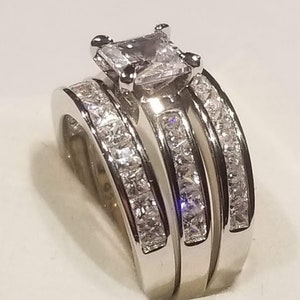 3.00 Ct Princess Engagement Ring Double Band Wedding Set 925 Solid Sterling Diamonds simulated,White Gold finish,Channel set wedding bands