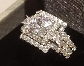 4.50 ct Princess Cut Wedding Ring Set, Engagement Ring, Wedding Band, Diamond Simulated Sterling Silver, Womens Bridal Set, Anniversary Ring