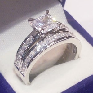 2 Ct Princess cut Moissanite Diamond Engagement ring Bridal Wedding ring set, Half Eternity Band, Anniversary Wedding gift, Wedding Band set